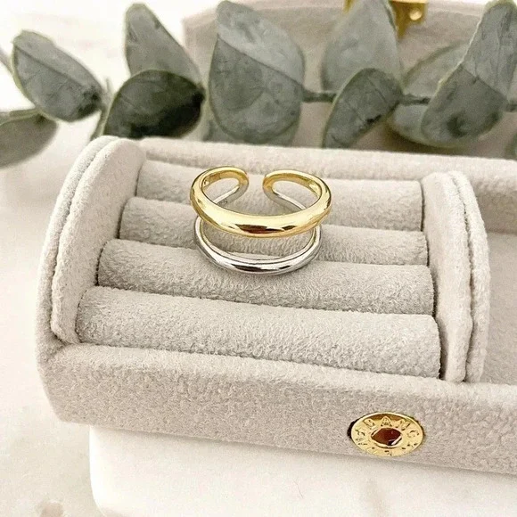 925 Sterling Silver & Gold Two Tone Layer Ring Minimalist Chunky Thick Ring - Picture 3 of 6